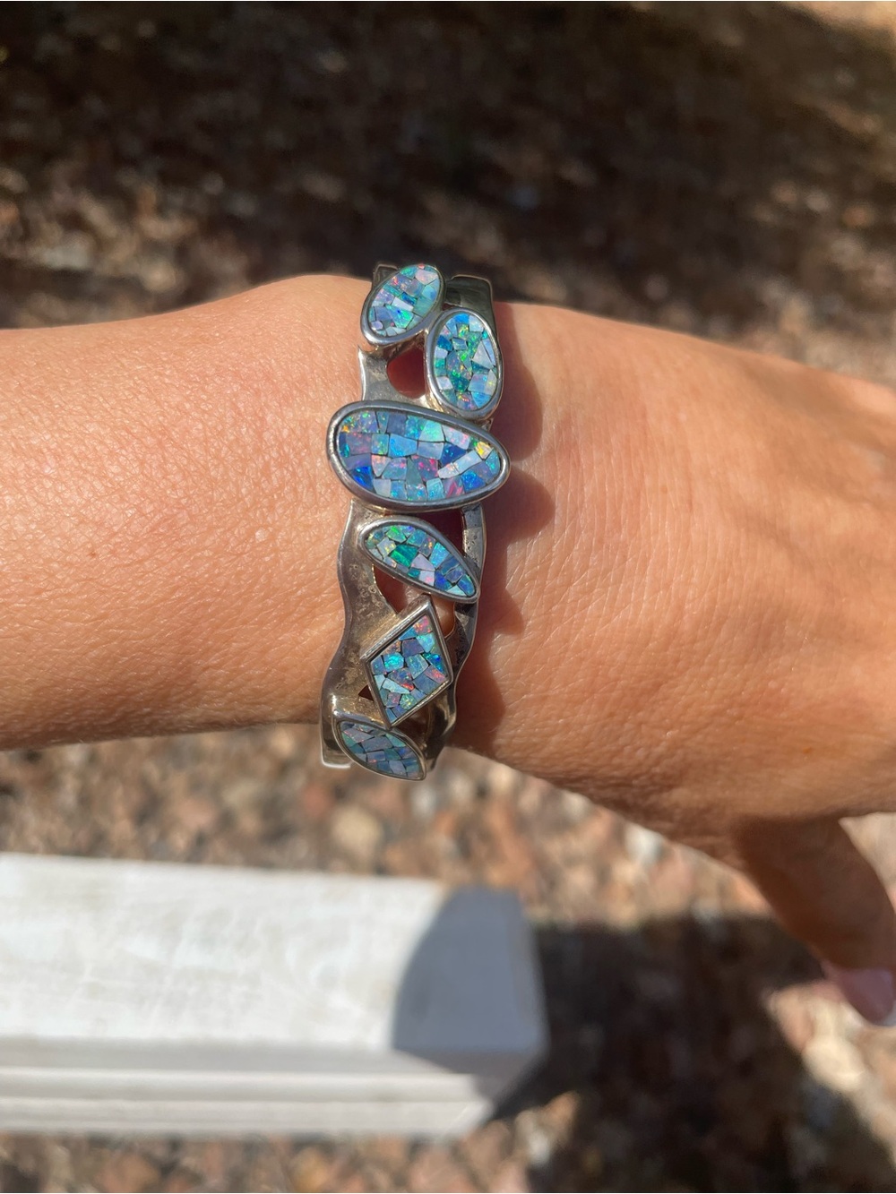 Sterling Silver Opal Mosaic Cuff Bracelet in Blue-Green